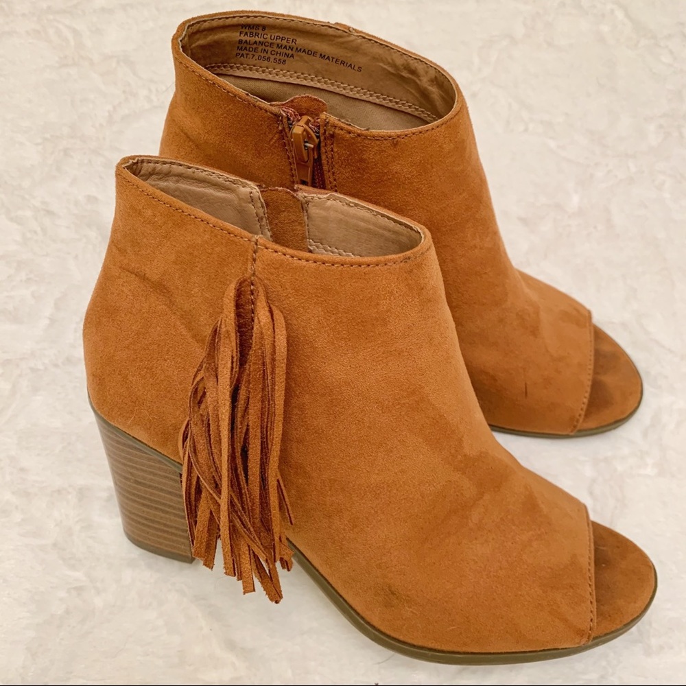 2 FOR $22 — Peep toe booties with fringe detail